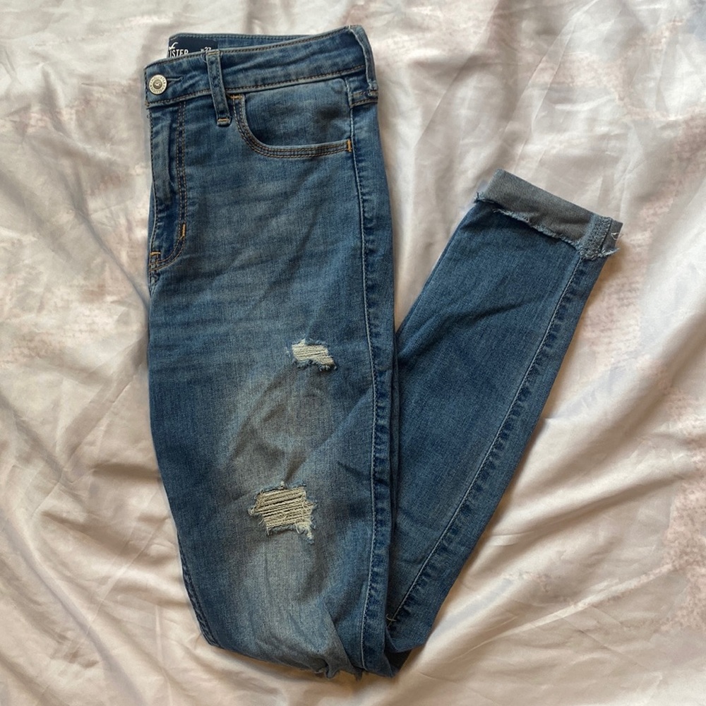 Hollister 27 Regular High Waisted Skinny Distressed Ripped Dark Blue Jeans